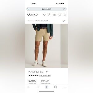 Quince ProTech Golf Shorts - 7” inseam. 34” waist.  Sand dune color.  NWT.
